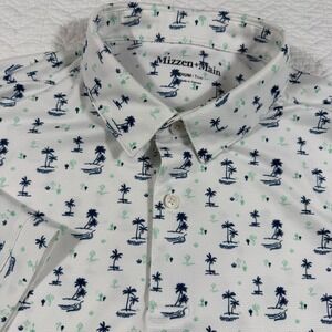 Mizzen Main Palm Tree Cactus Print Polo Shirt Mens Medium Trim Golf Casual